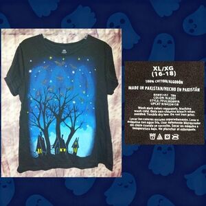 Walmart Blk/Multiclr Starry Halloween Night w/Houses, Bats, & Stars Knit Tee XL